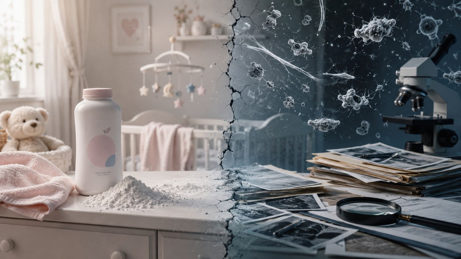Conceptual contrast between innocent baby-product branding and contamination concerns.