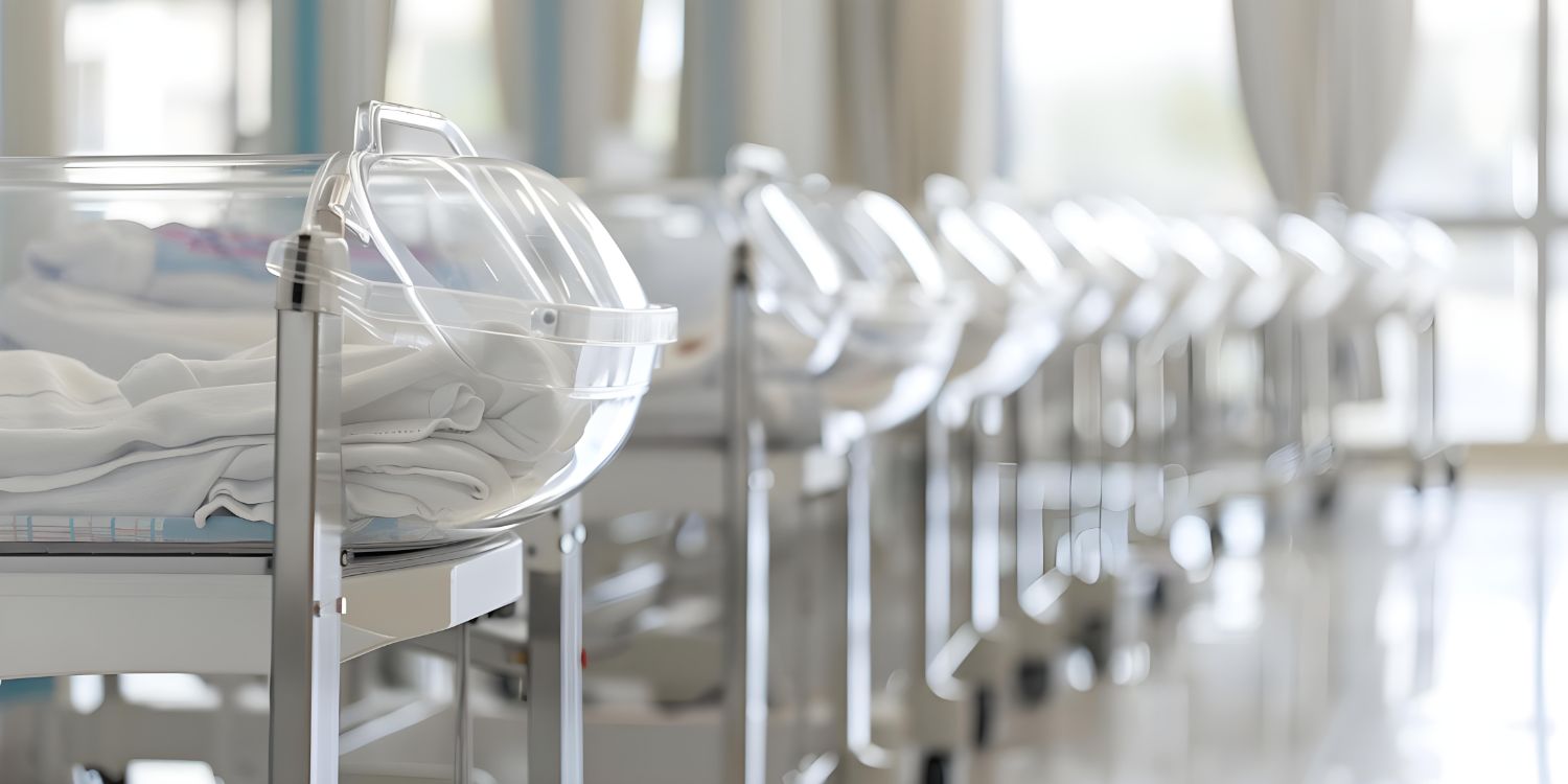 A row of empty bassinets receding down a maternity ward.