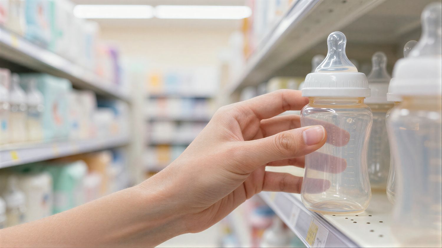 A hand lifting an empty baby bottle from a shop shelf lined with infant products.