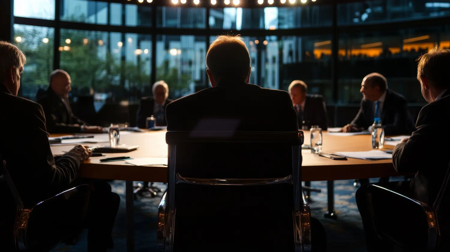 Silhouetted figures in suits seated around a large boardroom table at dusk, lit from behind by a glass curtain wall.