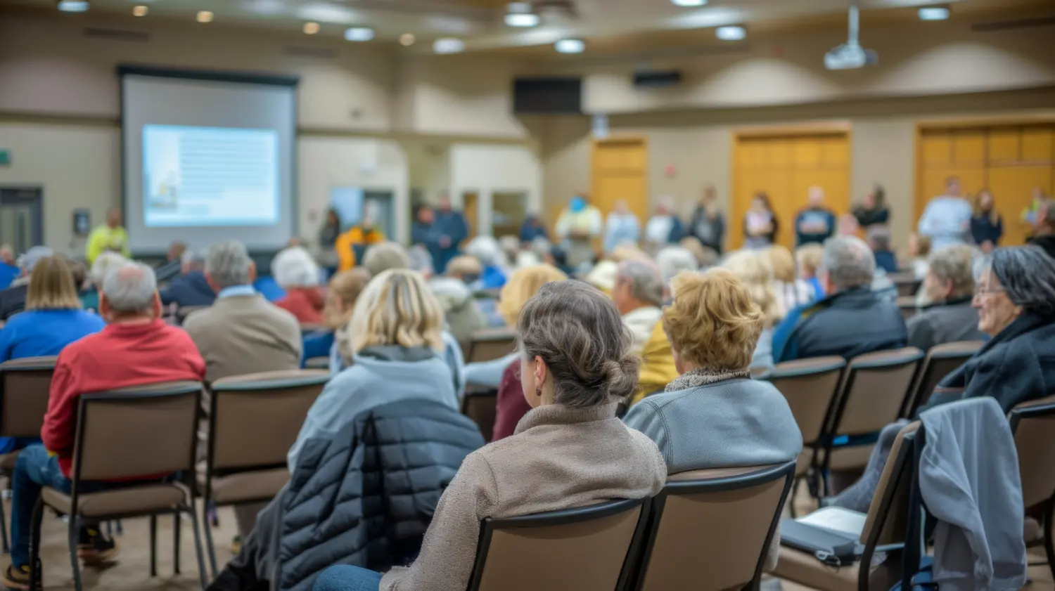 A crowded community hall seen from the back rows, dozens of seated residents facing a lit projection screen.