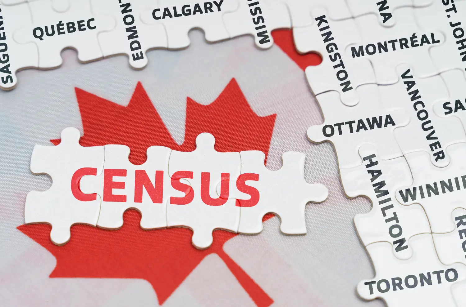 Jigsaw pieces spelling the word CENSUS assembled over a Canadian maple leaf, surrounded by pieces naming Canadian cities.