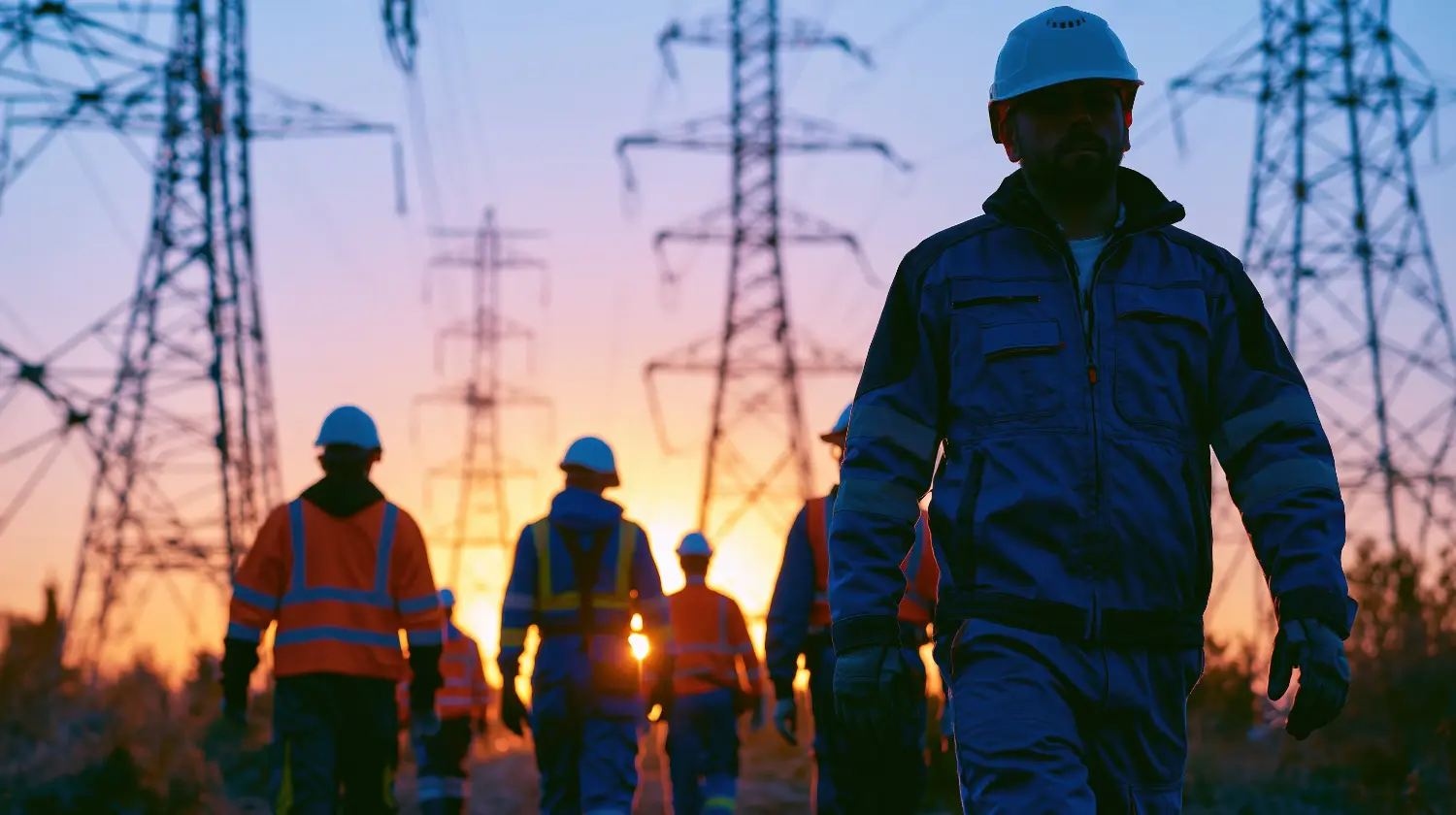 Utility workers in hard hats and high-visibility jackets walking away from transmission pylons at sunset.