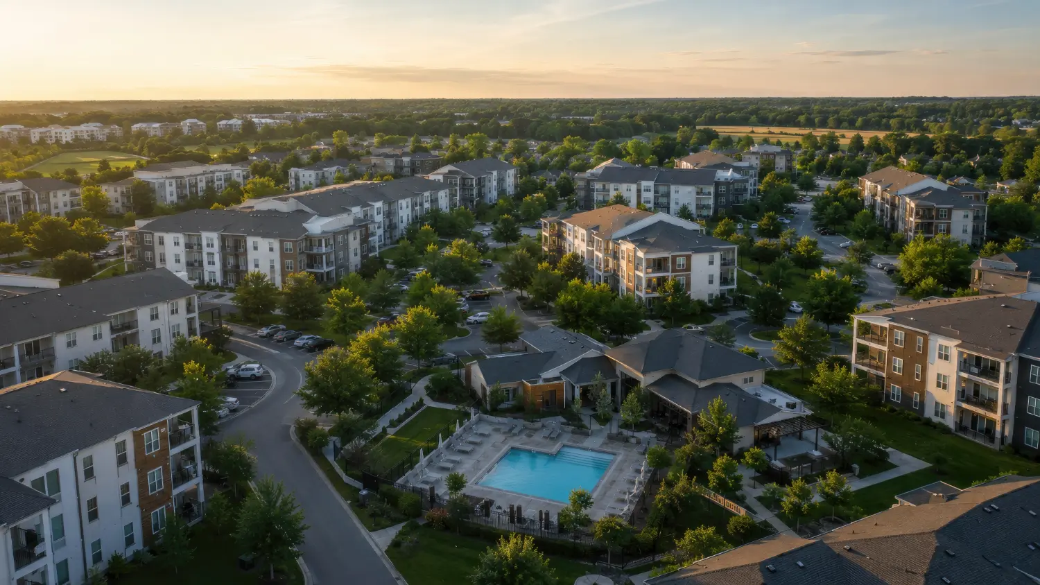 Aerial view at golden hour of a large low-rise apartment development, blocks of housing set among trees and parking.