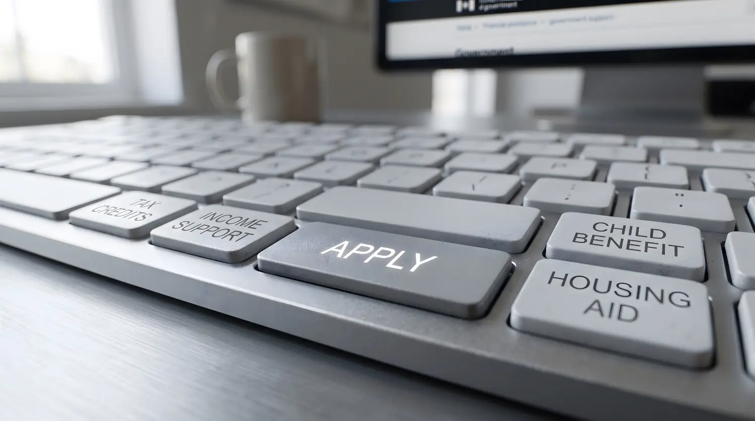 Close-up of a keyboard whose keys are labelled TAX CREDITS, INCOME SUPPORT, CHILD BENEFIT, HOUSING AID and a large APPLY key, in front of a government benefits webpage.