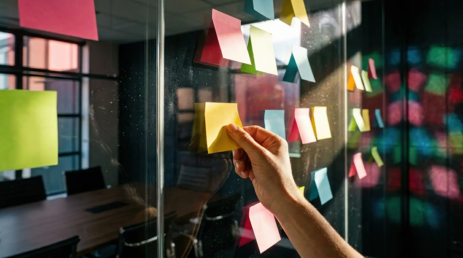 A hand pressing a yellow sticky note onto a glass wall already covered in coloured notes, a meeting room visible beyond.